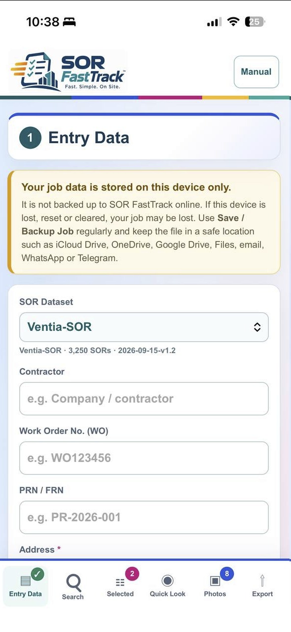 SOR FastTrack Entry Data screen