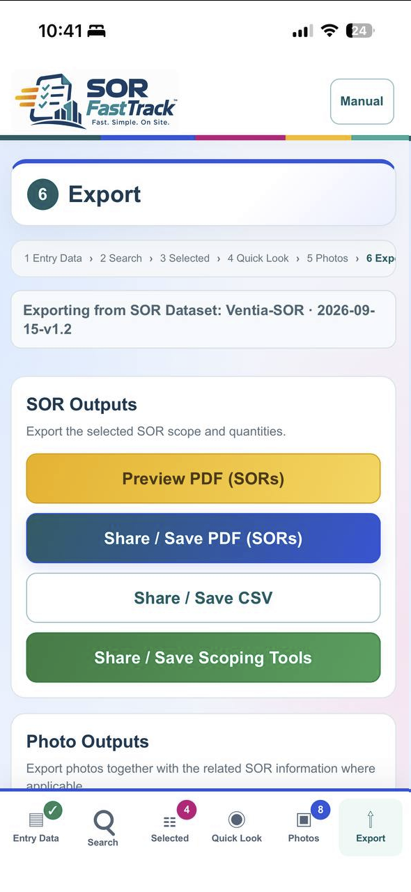 SOR FastTrack Export screen
