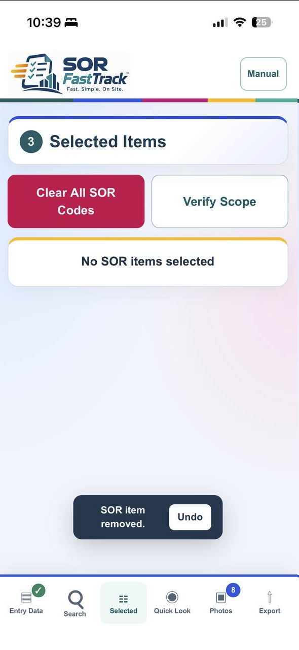 SOR FastTrack Selected Items screen